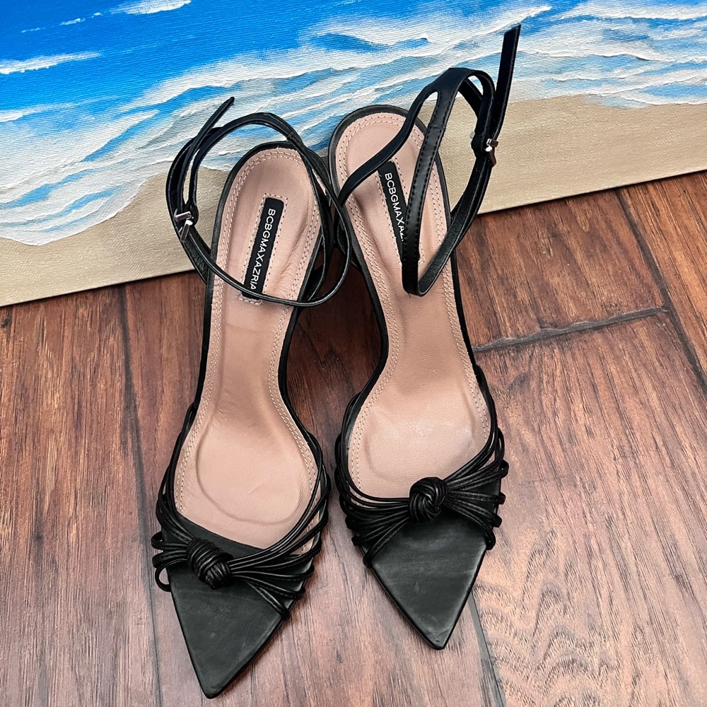 BCBGMAXAZRIA Black Leather Strappy Stiletto Ankle Strap Women's Heels